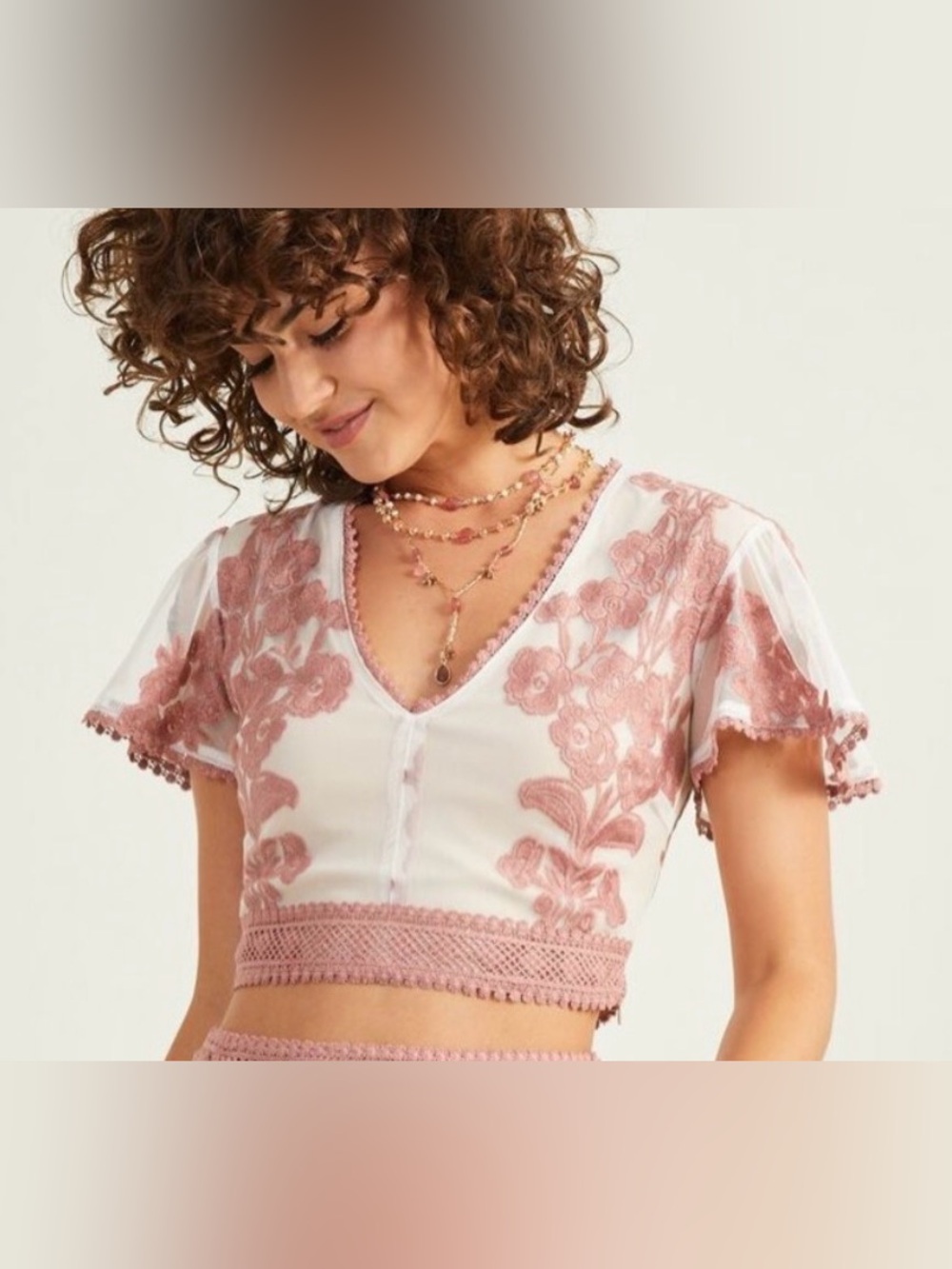 NWT Altar'd State White Crop Top with Dusty Rose Lace Appliqué